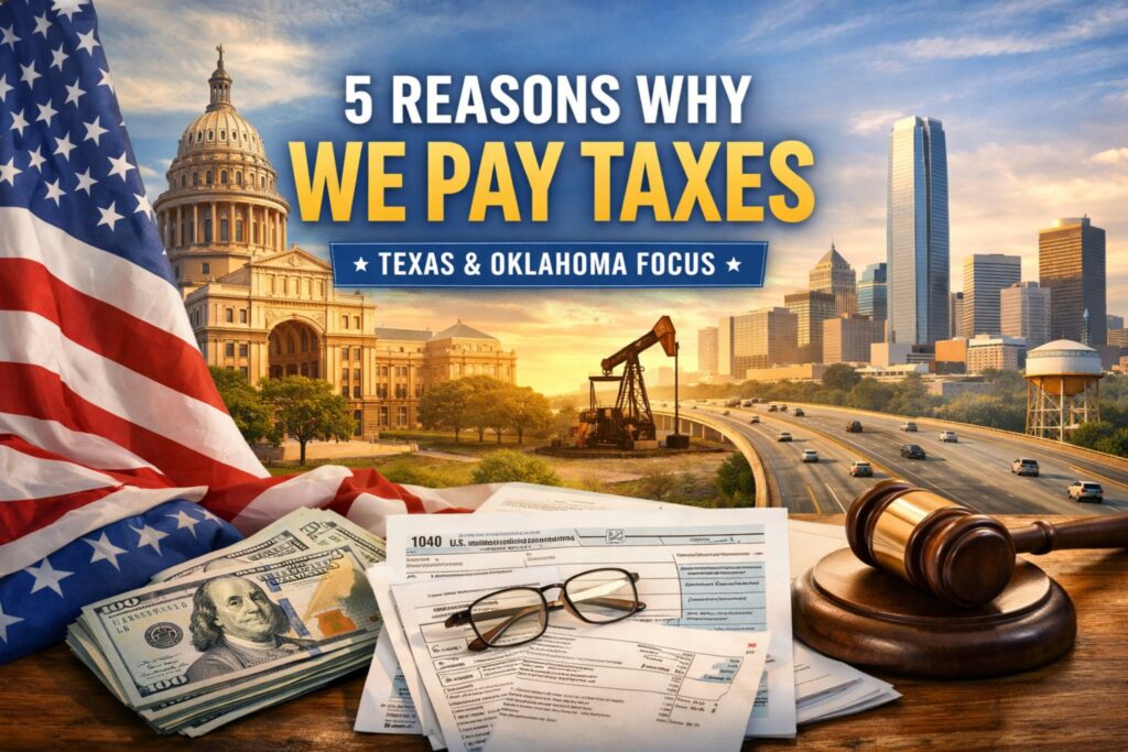 Cover image showing 5 reasons why we pay taxes in Texas and Oklahoma, featuring tax documents, US flag, and city infrastructure
