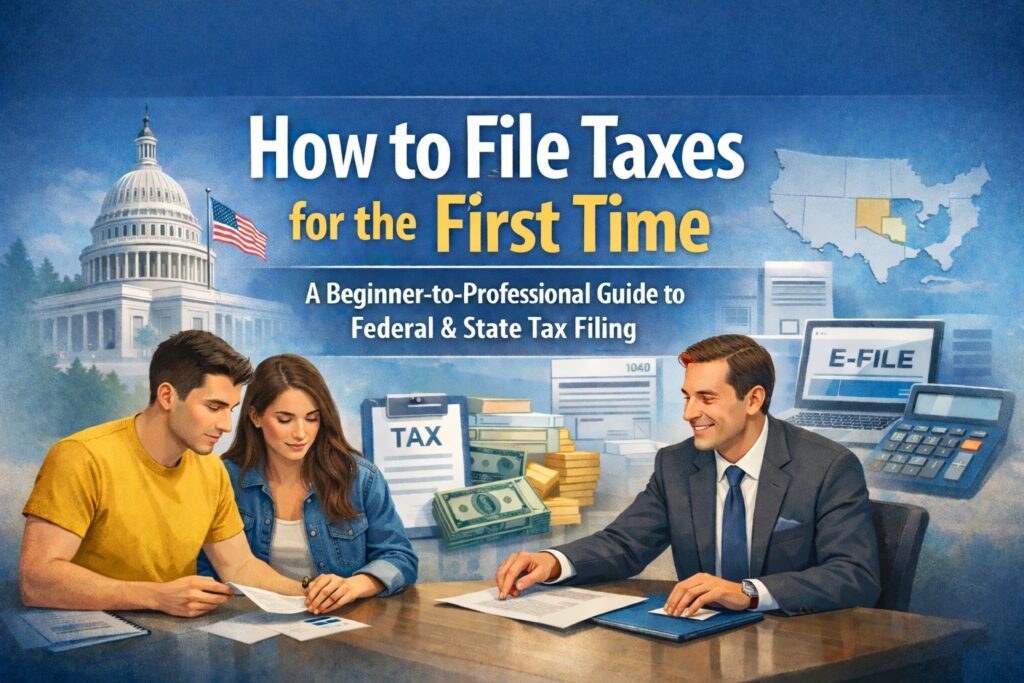 Illustration showing first-time taxpayers and a professional advisor filing federal and state taxes using tax documents and e-file tools.
