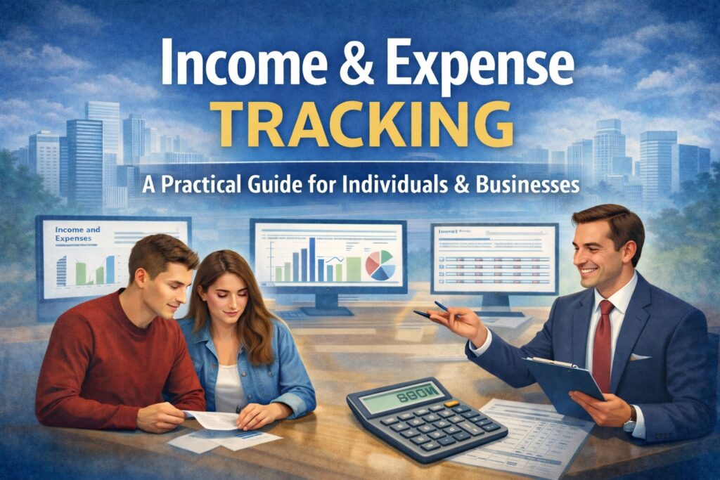 Illustration showing professionals reviewing financial reports for income and expense tracking in a business setting.
